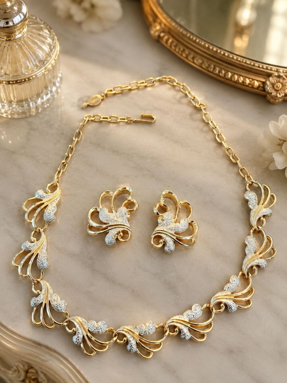 Vintage 1960s Sarah Coventry Two Tone Scroll Necklace & Clip Earrings Set